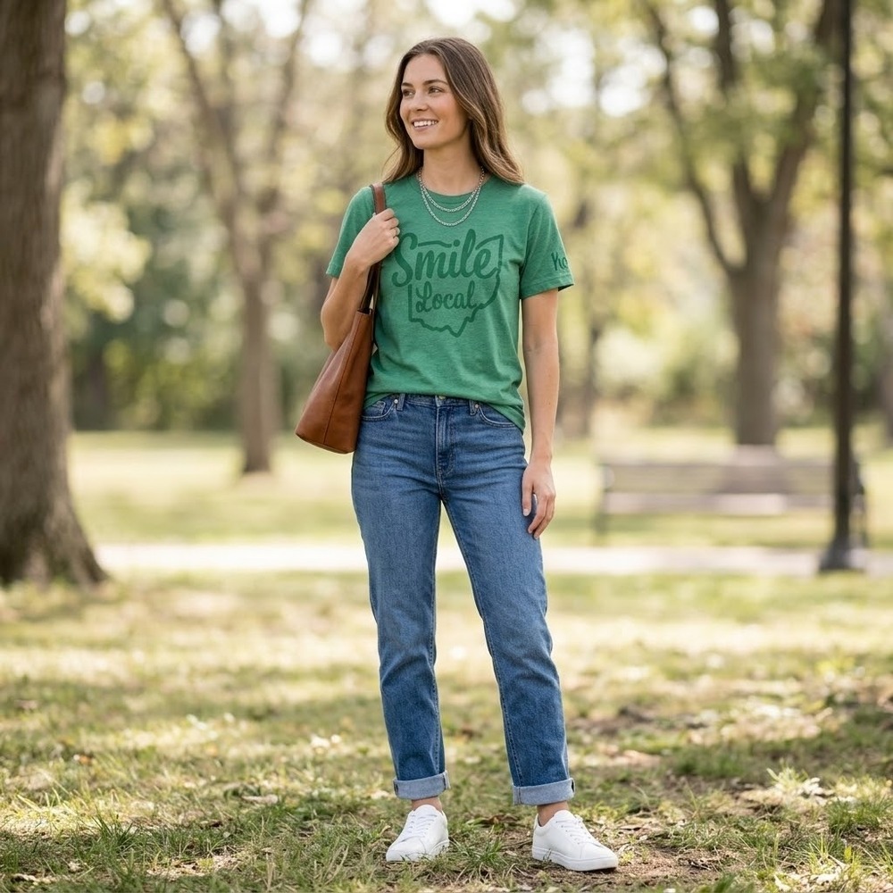 Smile Local Ohio T-Shirt Women Medium Heather Green Short Sleeve Graphic